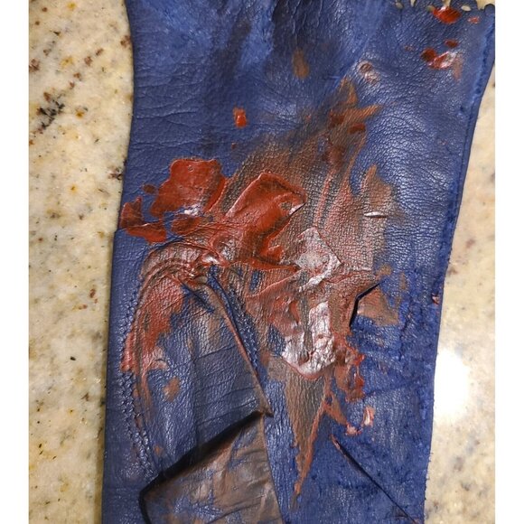 Vintage Size S Blue Leather Long Gloves Slashed Fake Bloody Slashed Zombie War - Picture 8 of 16